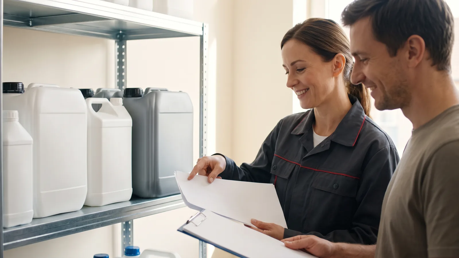 Objektleiterin und Einkaeufer pruefen laechelnd im Materialraum gemeinsam Unterlagen auf einem Klemmbrett, im Regal stehen neutrale weisse und graue Reinigungsgebinde